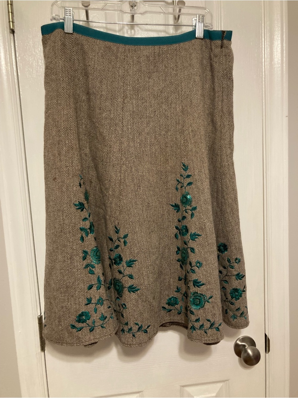 Vintage Y2K Monsoon Herringbone Wool Blend Skirt with Teal Sequin Flowers